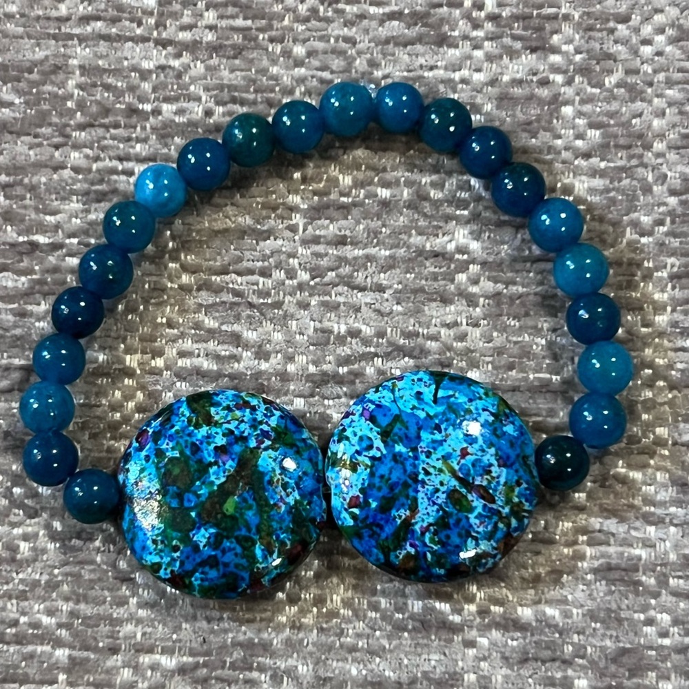 Handmade Oceanic Natural Blue Turquoise & Apatite Beaded Bracelet, Size 7”